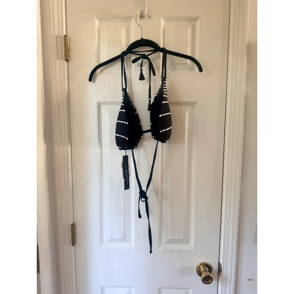 La Blanca City Lights Goddess Halter Bikini Top Black White Dotted Size 14